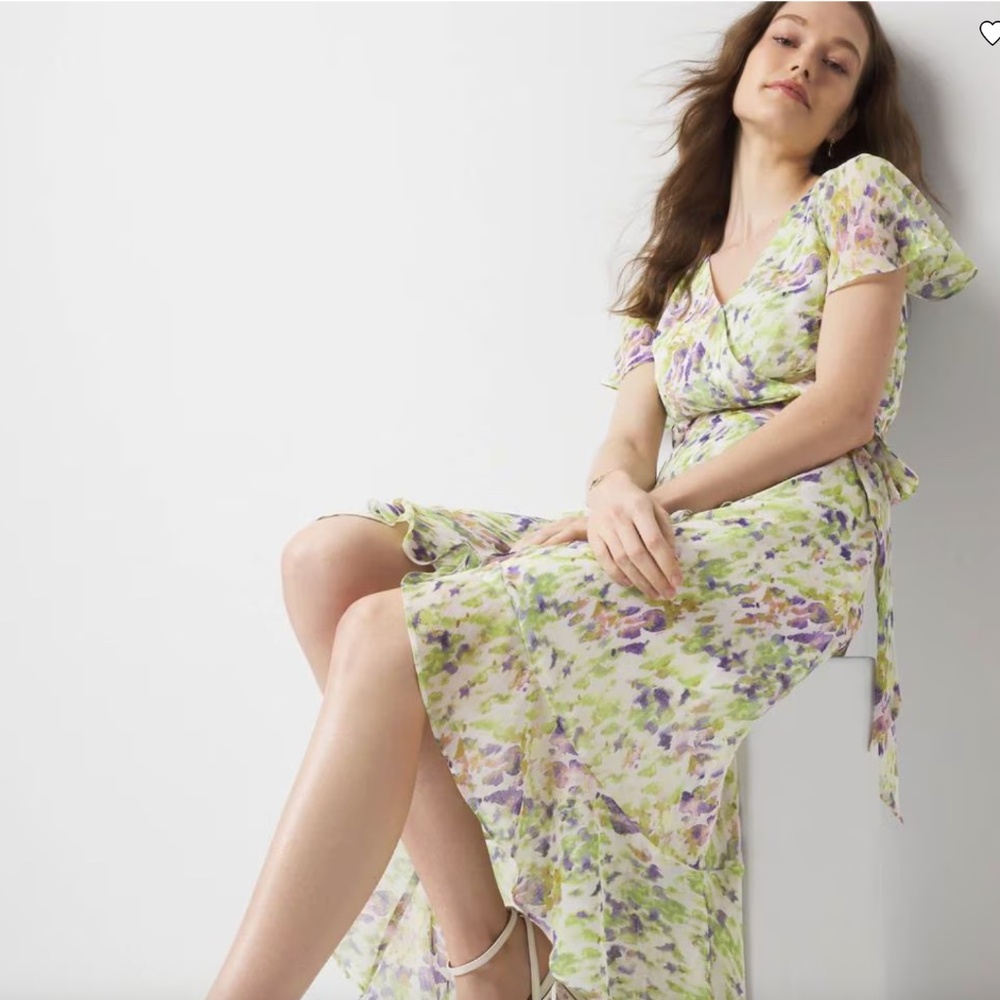 WHBM High Low Water Petals Whimsical Short Sleeve Flutter Wrap Midi Dress Size 6